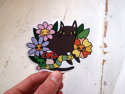 Black cat with flowers, bugs and mushroom vinyl sticker