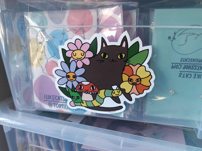 Black cat with flowers, bugs and mushroom vinyl sticker