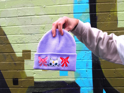 Cat with bows embroidered lavender Knitted Beanie Hat