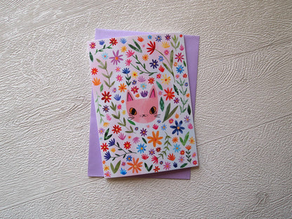 I LIKE CATS - Cat Face and Flowers Birthday Greetings Card