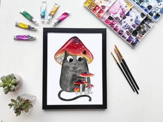 Mushroom Hat Cat Watercolor Print