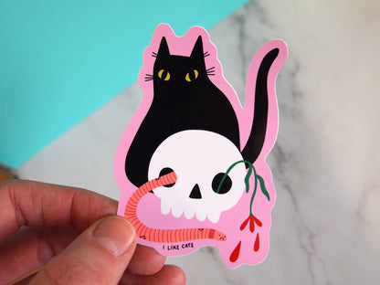 Black cat with skull illustrated vinyl sticker