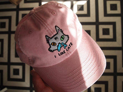 Cat face I Like Cats embroidered washed pink vintage style baseball cap