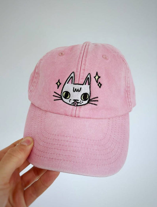 I LIKE CATS - Embroidered cat face pink vintage style baseball cap