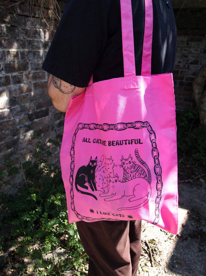 I LIKE CATS - All Cats Are Beautiful Screen Printed fuchsia Tote Bag