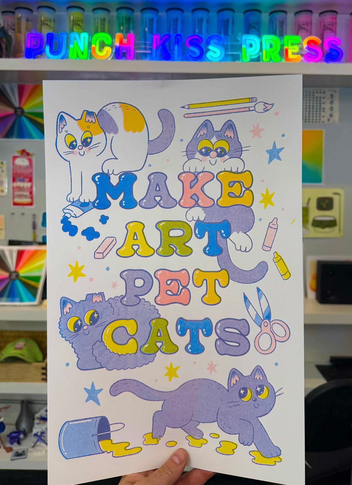 Make Art, Pet Cats 11x17 riso print by Pinkgabbercat