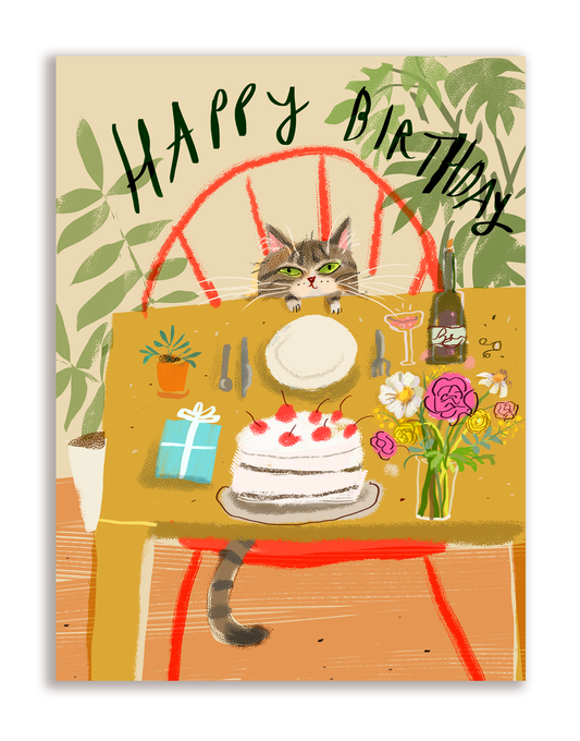 Happy Birthday Cat Card - At the Birthday Table