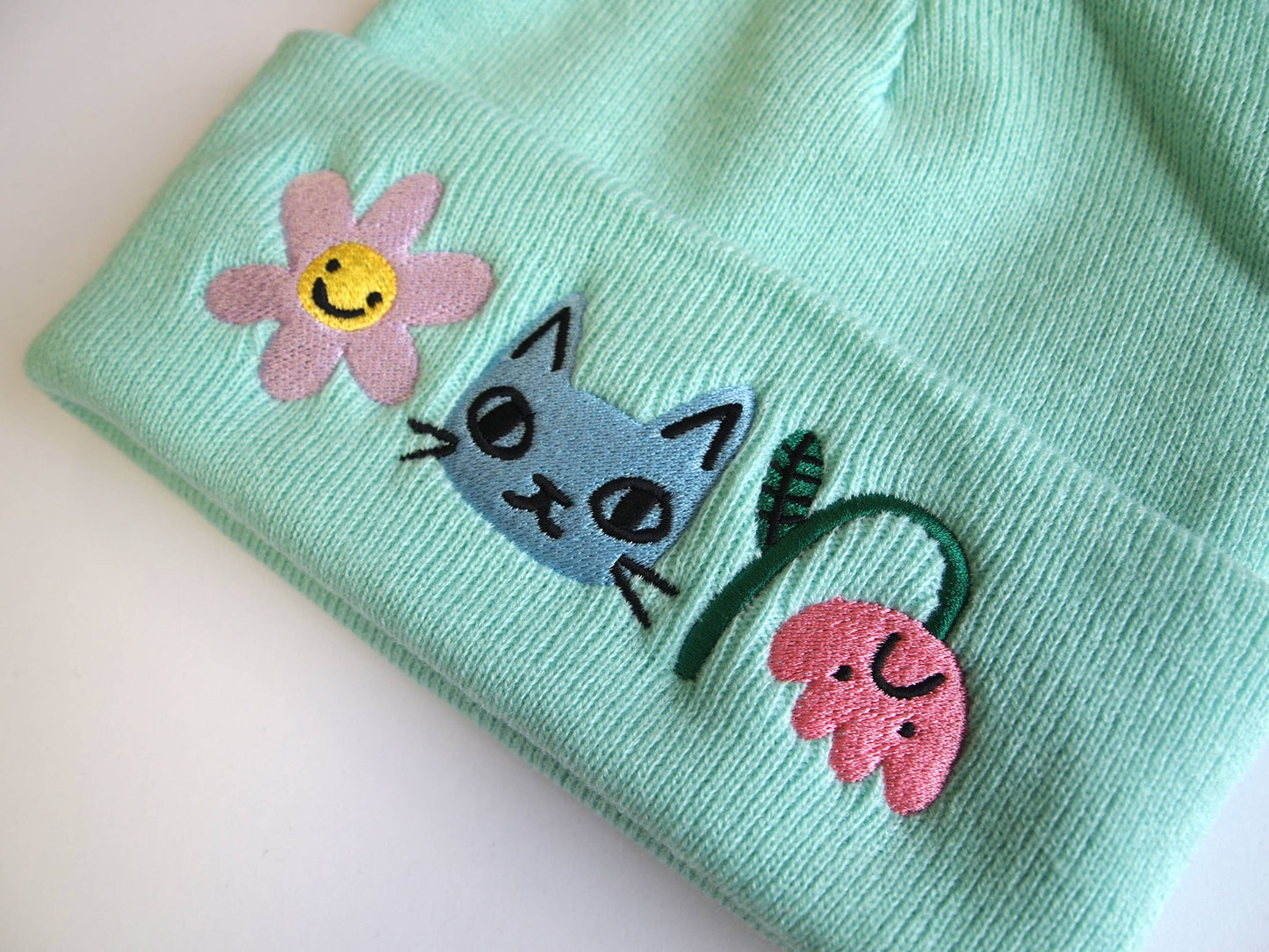 Cat and Flowers Embroidered Knitted mint Beanie Hat