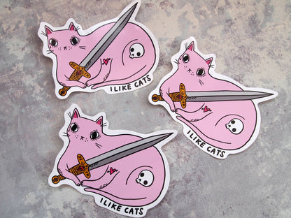 Pink cat with sword illustrated vinyl sticker