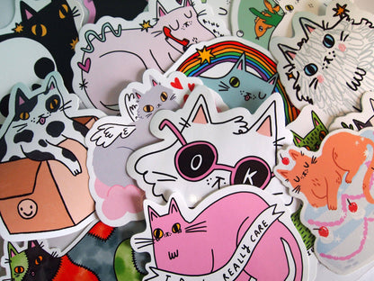 Illustrated Cat With Phone Vinyl Decal Sticker
