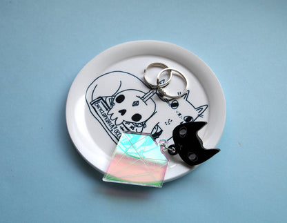 Spooky cat with books illustrated trinket dish, ring dish