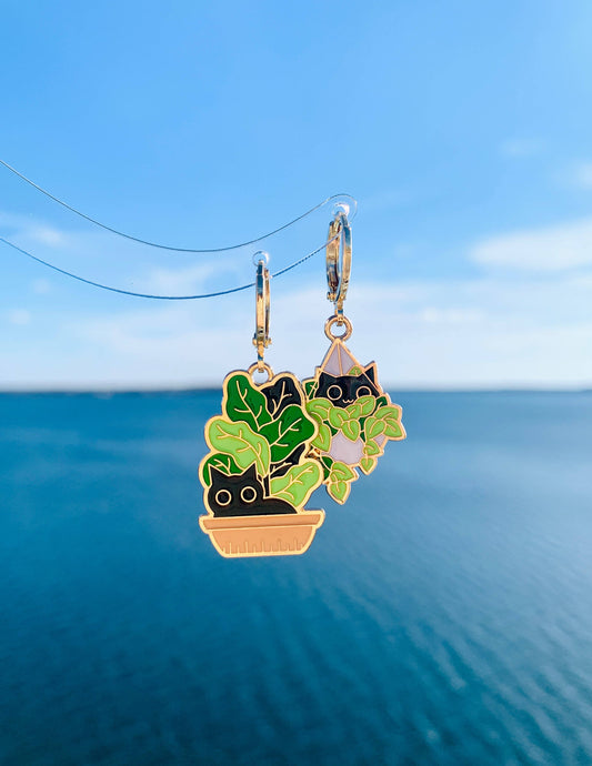 Cat & Plant Charm Huggie Earrings