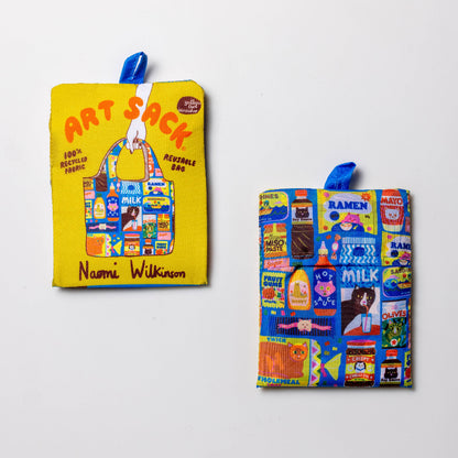 Colorful reusable bags with a 'Art Sack' label on a white background
