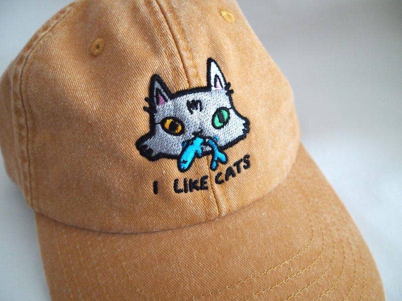 I Like Cats embroidered washed yellow vintage style baseball cap
