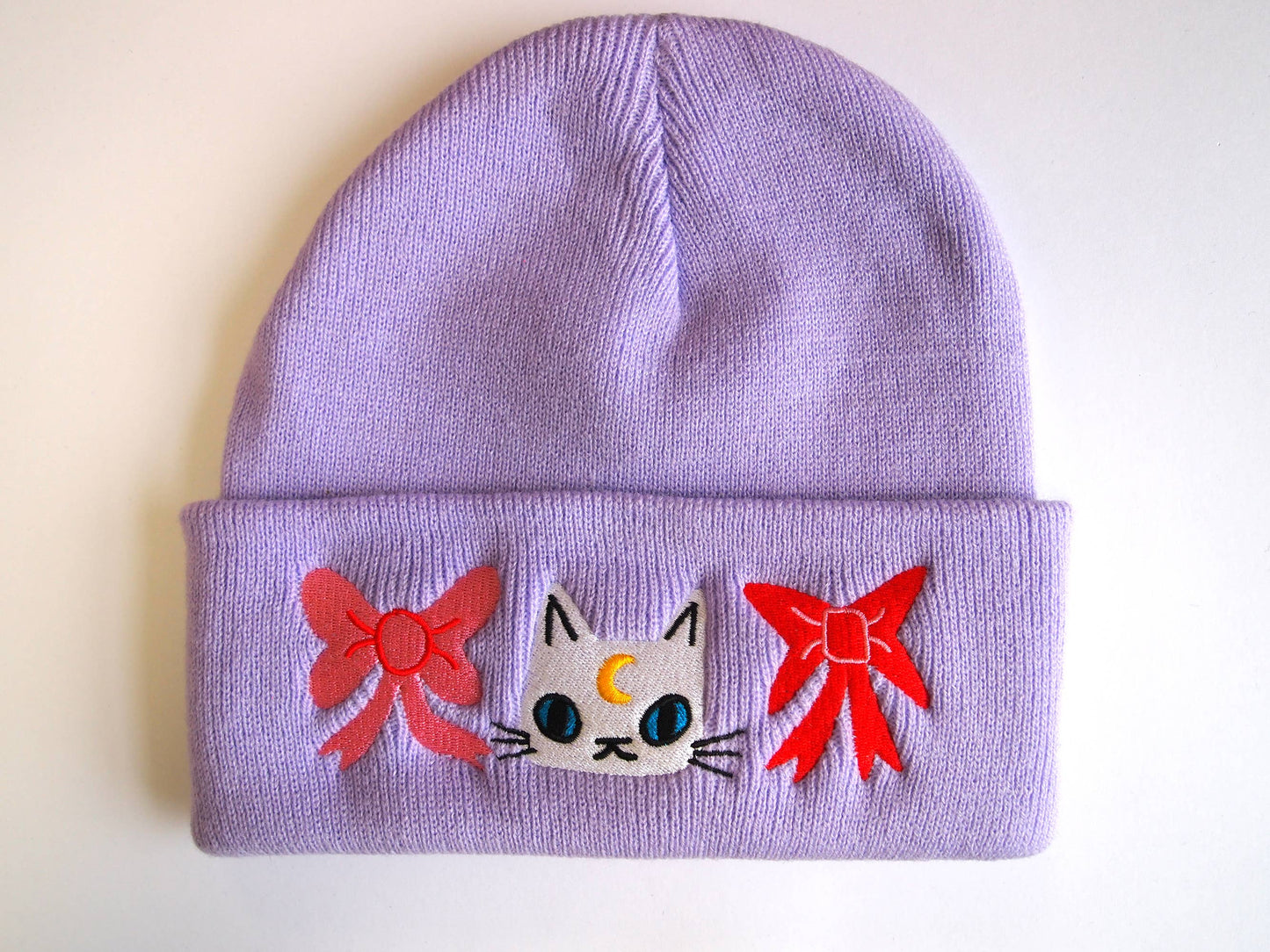 Cat with bows embroidered lavender Knitted Beanie Hat