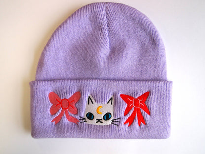 Cat with bows embroidered lavender Knitted Beanie Hat
