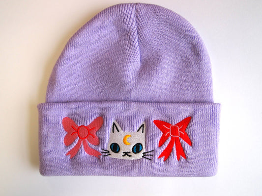 Cat with bows embroidered lavender Knitted Beanie Hat