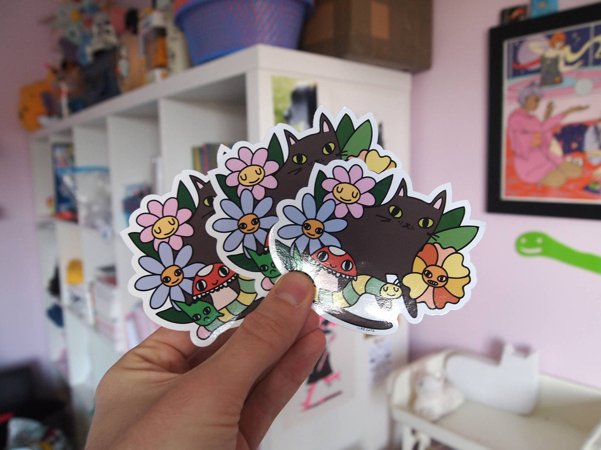 Black cat with flowers, bugs and mushroom vinyl sticker