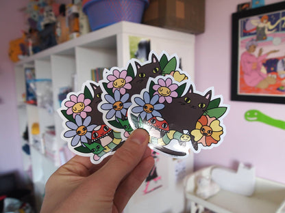 Black cat with flowers, bugs and mushroom vinyl sticker