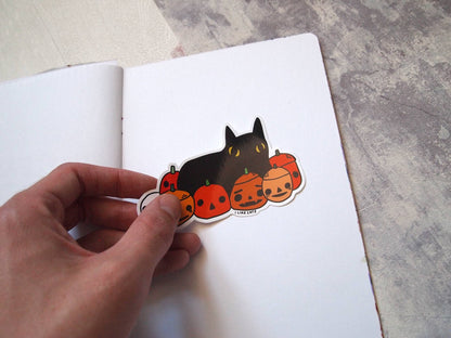 Black cat with pumpkins illustrated vinyl sticker