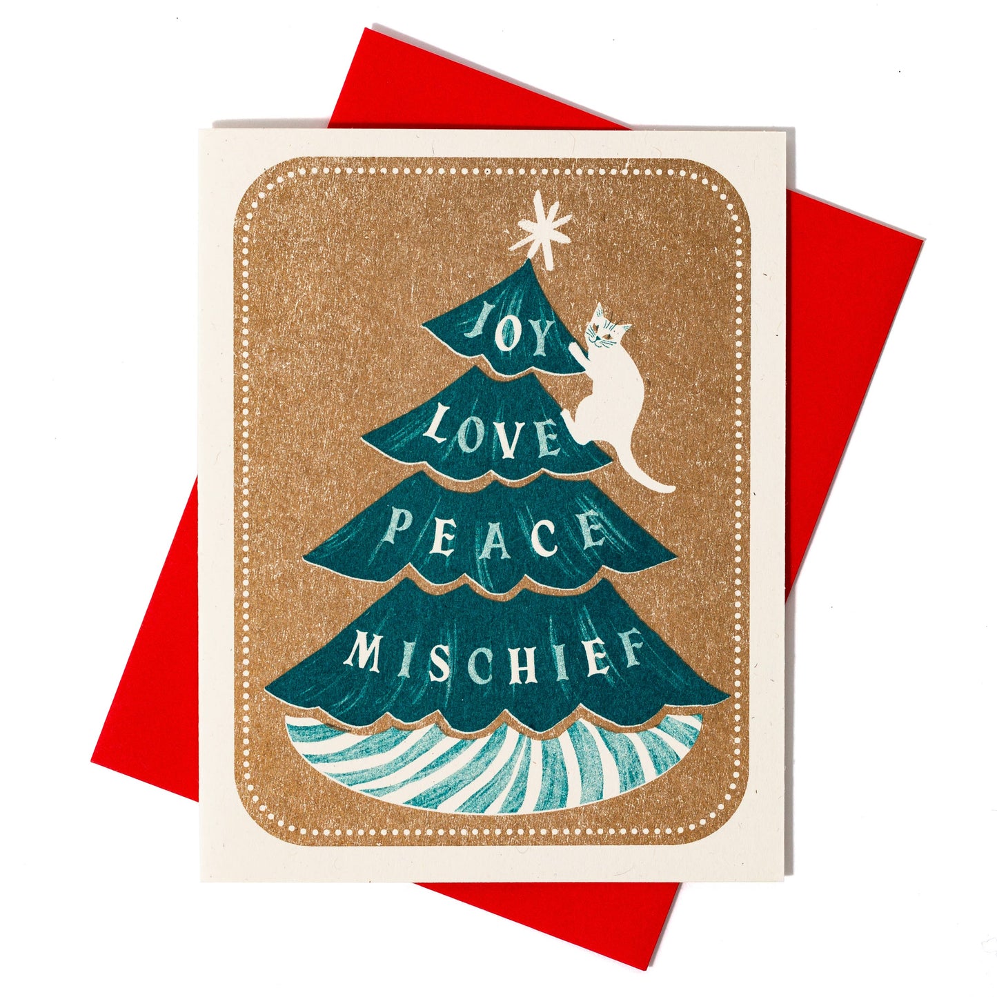 Joy Love Peace Mischief Cat - Risograph Christmas Card