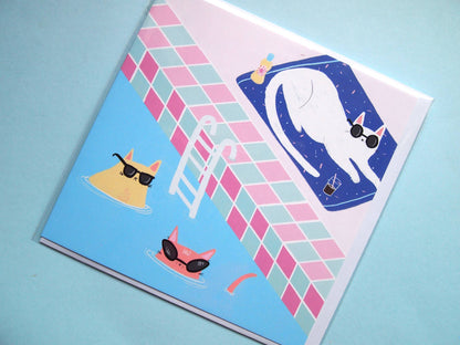 I LIKE CATS - Illustrated card, cats at the swimming pool greetings card