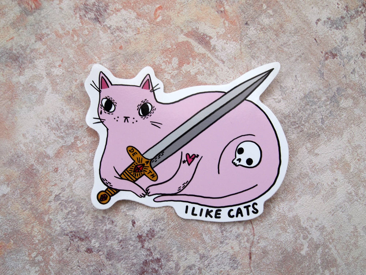 Pink cat with sword illustrated vinyl sticker