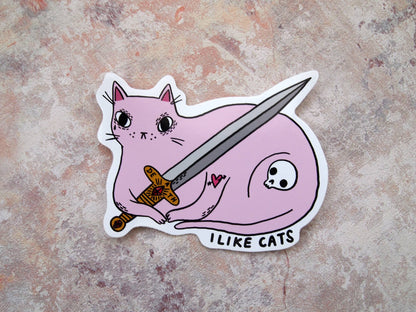 Pink cat with sword illustrated vinyl sticker