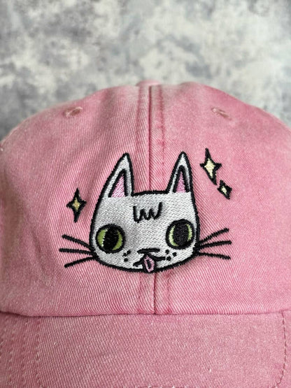 I LIKE CATS - Embroidered cat face pink vintage style baseball cap
