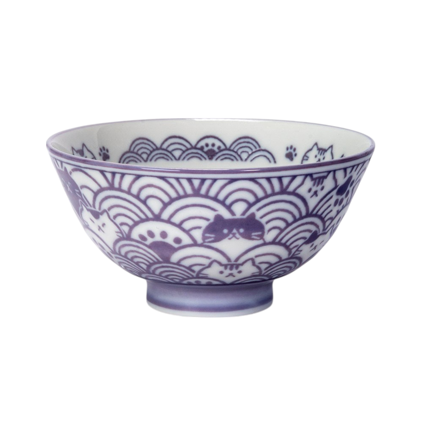 Seikaiha Neko Design 10oz 4.5"Dia x 2.5"H Porcelain Rice Bowl Purple