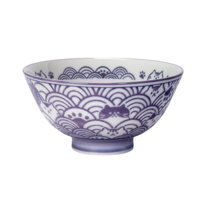 Seikaiha Neko Design 10oz 4.5"Dia x 2.5"H Porcelain Rice Bowl Purple
