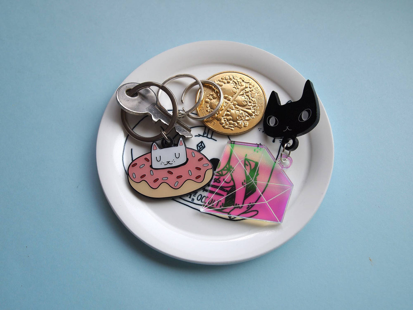 Spooky cat with books illustrated trinket dish, ring dish