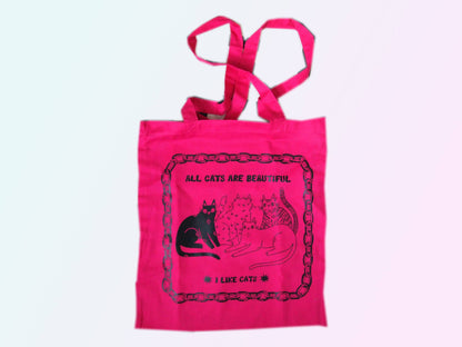 I LIKE CATS - All Cats Are Beautiful Screen Printed fuchsia Tote Bag