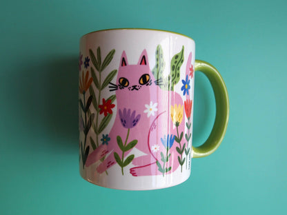 Colourful cats with flowers illustrated coffee mug