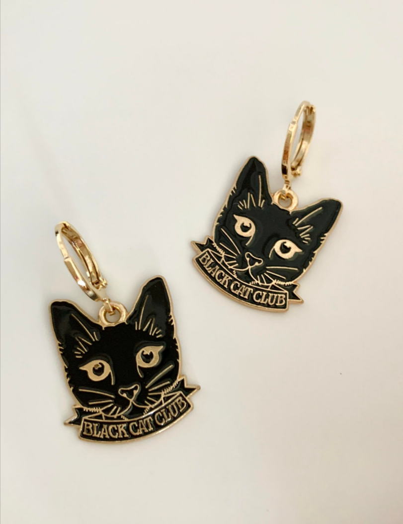 HolyGuacamolly - Unique Black Cat Club Huggie Earrings