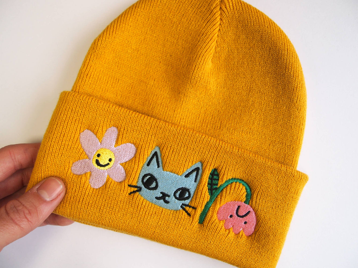 Cat and Flowers Embroidered mustard Knitted Beanie Hat