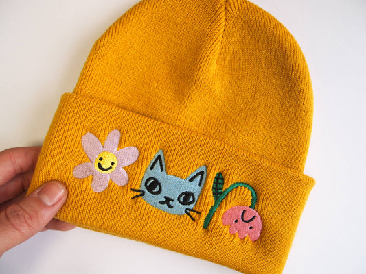 Cat and Flowers Embroidered mustard Knitted Beanie Hat