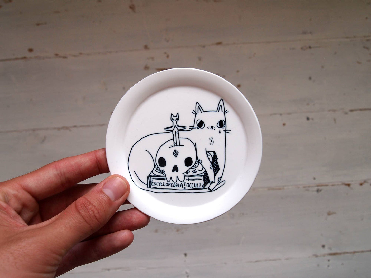 Spooky cat with books illustrated trinket dish, ring dish