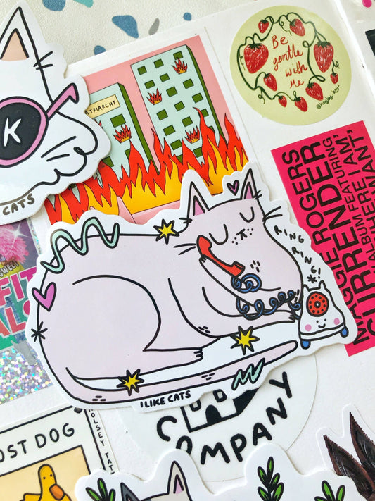 Illustrated Cat With Phone Vinyl Decal Sticker