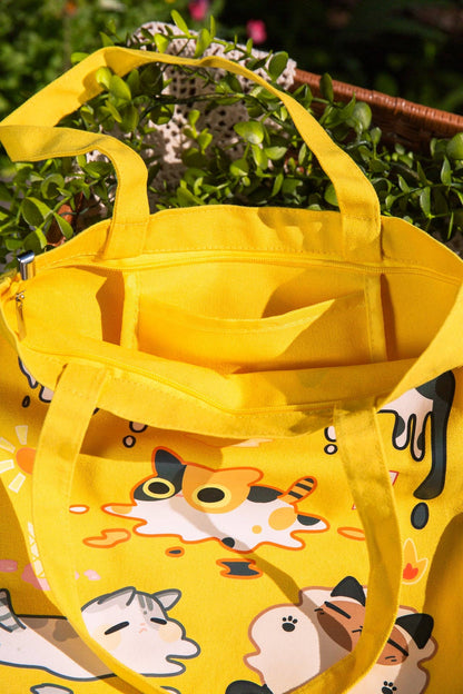 MikouArt - Melting Cats Cotton Tote Bag | Inner Pocket + Zipper | 100% Cotton | Gift for Cat Lovers | Handmade, Durable and Functional