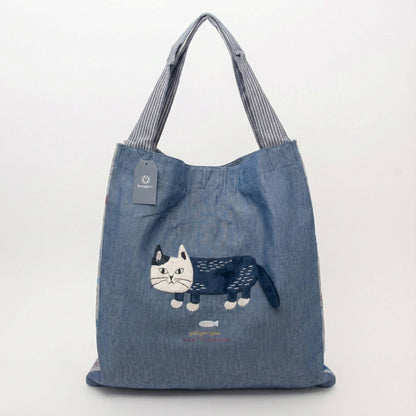 Kusuguru Japan Cats Embroidered Large Tote Bag - Blue