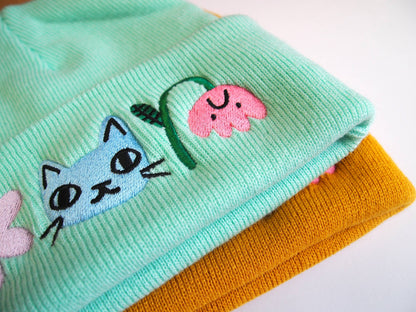 Cat and Flowers Embroidered Knitted mint Beanie Hat