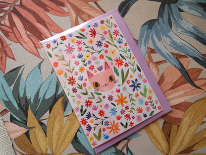 I LIKE CATS - Cat Face and Flowers Birthday Greetings Card