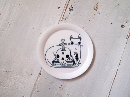 Spooky cat with books illustrated trinket dish, ring dish
