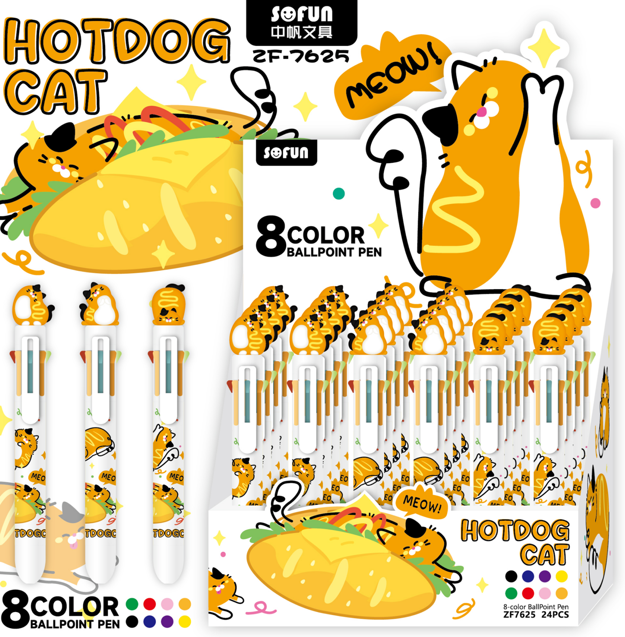 Hot Dog Cats 8-Color Retractable Ball Pen