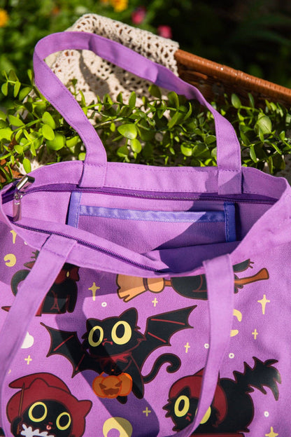 MikouArt - Vampire Cats Cotton Tote Bag | Inner Pocket + Zipper | 100% Cotton | Gift for Cat Lovers | Handmade, Durable and Functional
