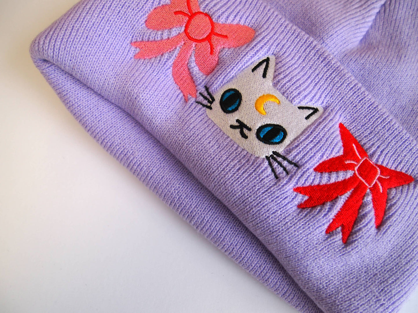 Cat with bows embroidered lavender Knitted Beanie Hat