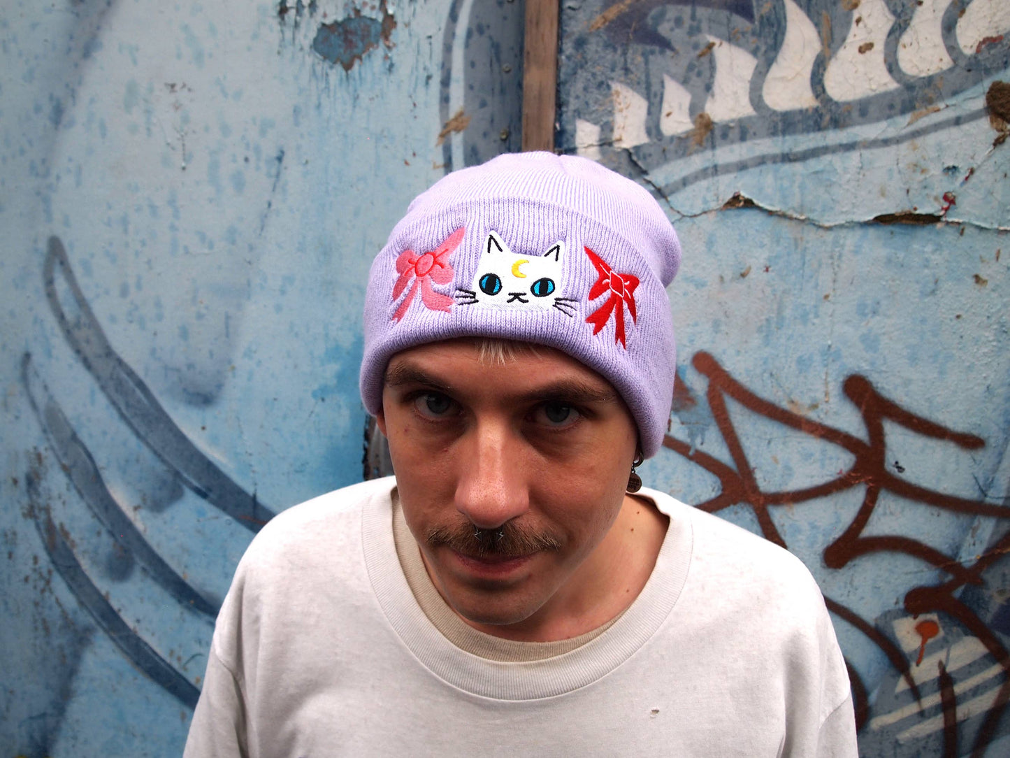 Cat with bows embroidered lavender Knitted Beanie Hat