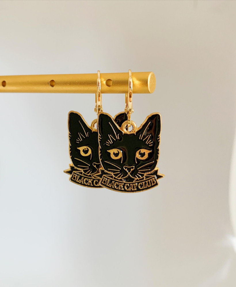 HolyGuacamolly - Unique Black Cat Club Huggie Earrings