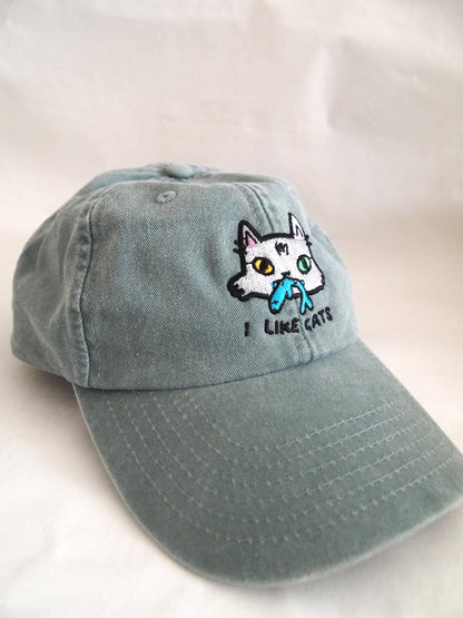 I LIKE CATS embroidered washed sage green vintage style baseball cap
